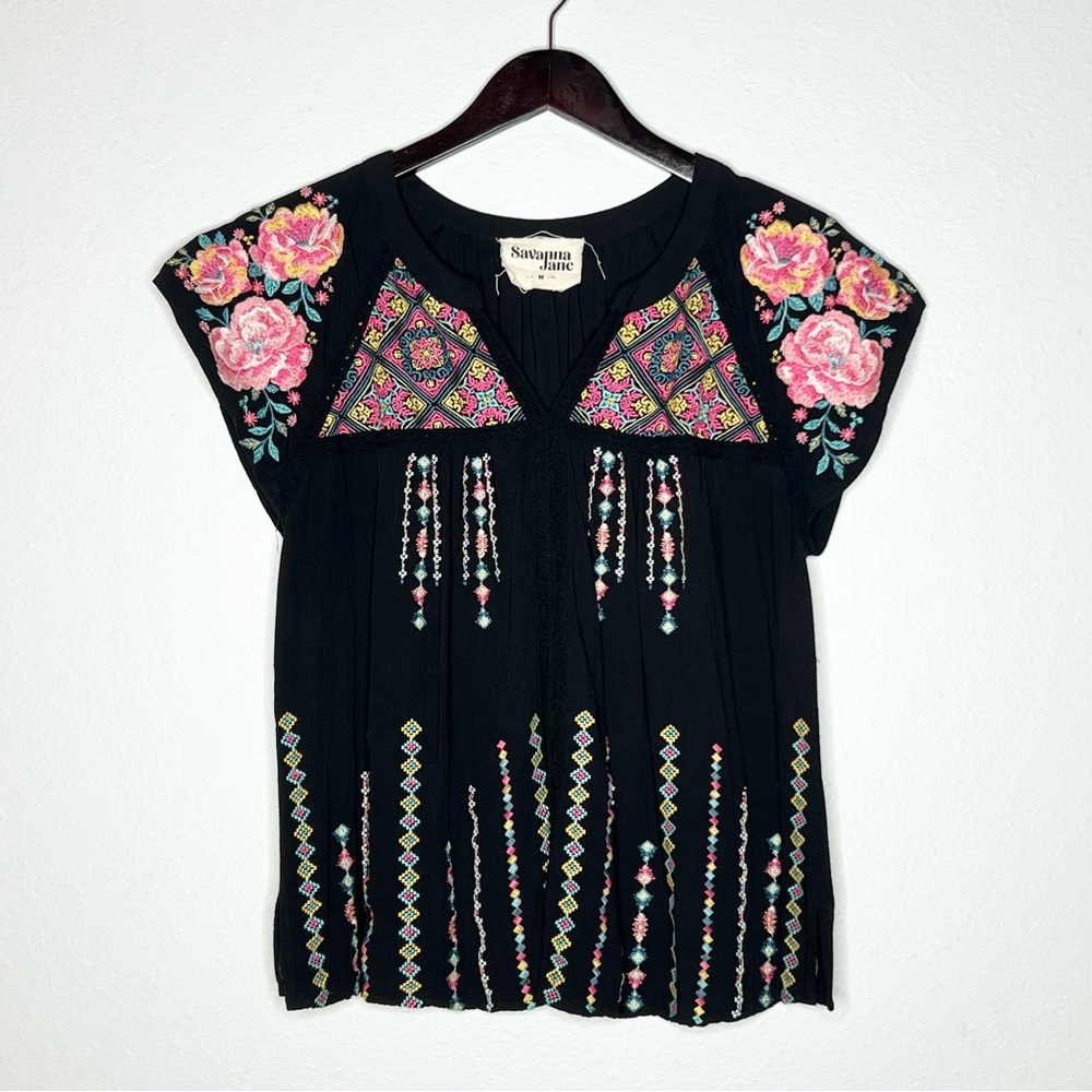 Savanna Jane Embroidered Blouse Peasant Floral Mexican Bohemian Women's M Black